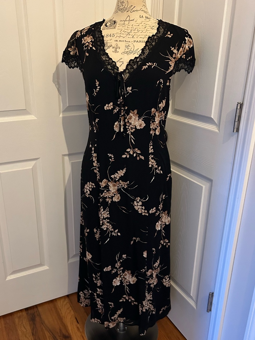 Reformation Floral Lace-Trim Black Midi Dress